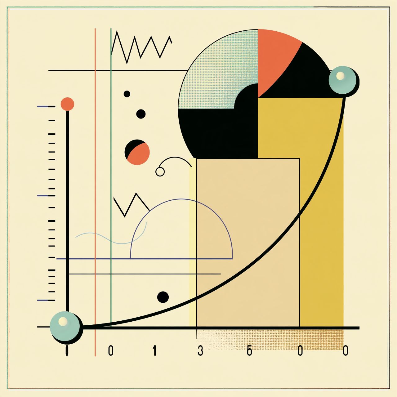 Abstract chart composition: a heavy curve rising from a teal sphere at the origin to a second sphere at upper right, over yellow and cream blocks.